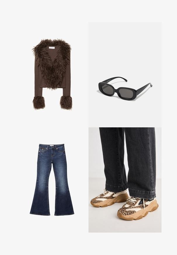 Brown ribbed cropped jacket with a shaggy faux fur collar and cuffs, featuring textured fabric and a v-neck design.; White off-the-shoulder top with ruffled edges, smocked bodice, flared hem, and lightweight fabric featuring a subtle texture.; Dark blue flared jeans with a waistband, five-pocket design, stitching accents, and a smooth denim texture.; Leopard print sneakers with mesh and leather panels, tan rubber outsole, and contrasting black accents. Worn with loose-fitting dark jeans.; Black rectangular sunglasses with dark lenses. Thick plastic frame, smooth texture, and rounded edges. Stylish temples extend outward.