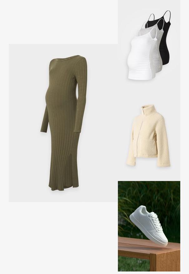 Kremo spalvos pūkinė striukė su aukštu apykakle, priekyje užtrauktuku ir dviem kišenėmis. Yra minkštas, tekstūruotas paviršius ir plačios rankovės.; Ilgomis rankovėmis, raštuota nėštumo suknelė alyvmedžio spalvos, turinti apvalų iškirpimą, šoninius plyšius ir minkštą audinį, užtikrinantį komfortą bei lankstumą.; Trys nėštumo marškiniai be rankovių – balti, pilki ir juodi. Tampri medžiaga su reguliuojamomis petnešėlėmis ir susiraukšlėjusiomis šoninėmis siūlėmis, užtikrinančiomis komfortą.; Balti sneakeriai su lygia sintetine viršutine dalimi, perforuota pirštų zona, plokščiomis raištelėmis ir tekstūruotu padu, padėti ant medinės paviršiaus.