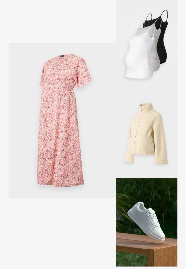 Cremefarbene Fleecejacke mit hohem Kragen, frontalem Reißverschluss und zwei aufgesetzten Taschen. Sie zeichnet sich durch eine weiche, strukturierte Oberfläche und weite Ärmel aus.; Blumiges Schwangerschaftskleid in Hellrosa mit lockerer Passform, kurzen Ärmeln und gerafftem Taillenteil. Es hat einen kleinen runden Ausschnitt und unterschiedliche Blumenmuster.; Drei Still-Tanktops in Weiß, Grau und Schwarz. Dehnbare Stoffe mit verstellbaren Spaghettiträgern und gerafften Seitennähten für zusätzlichen Komfort.; Weiße Sneaker mit einem glatten, synthetischen Obermaterial, perforierter Zehenbox, flachen Schnürsenkeln und einer strukturierten Sohle, präsentiert auf einer Holzoberfläche.