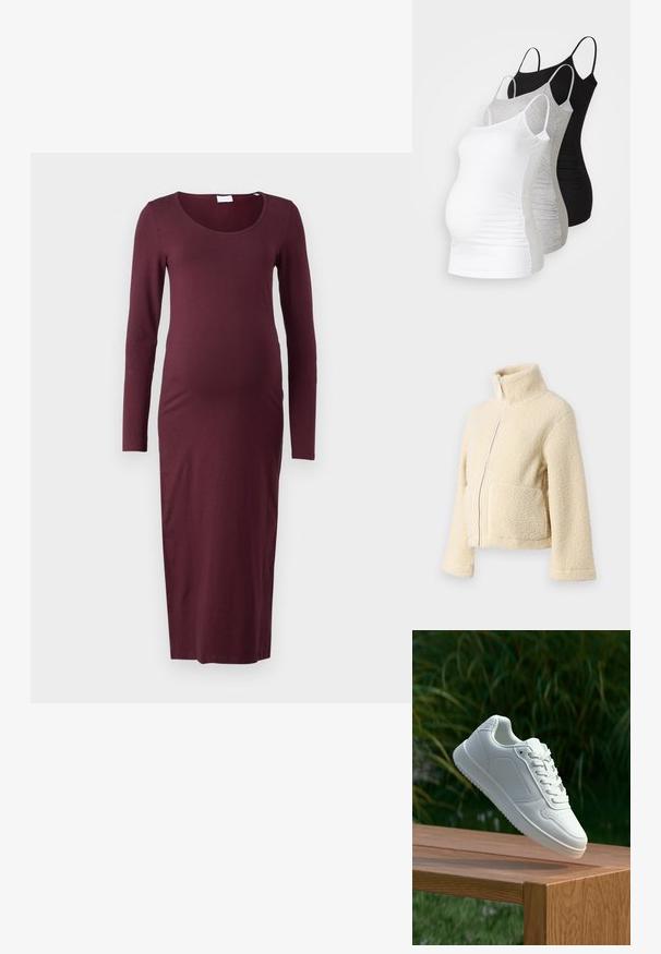Krém színű plüss dzseki magas gallérral, elülső cipzárral és két folt zsebbel. Puha, textúrált felülettel és széles ujjakkal rendelkezik.; Hosszú ujjú, bordó várandós ruha puha anyagból, testhezálló szabással és mély kivágással, térd alá érő szoknyával.; Három kismama tank top fehér, szürke és fekete színben. Rugalmas anyag, állítható pántokkal és beszegett oldals seams, hogy kényelmes viseletet biztosítson.; Fehér sportcipő sima szintetikus felsőrésszel, perforált lábujjrész, lapos fűzőkkel és texturált talppal, fából készült felületen kihelyezve.