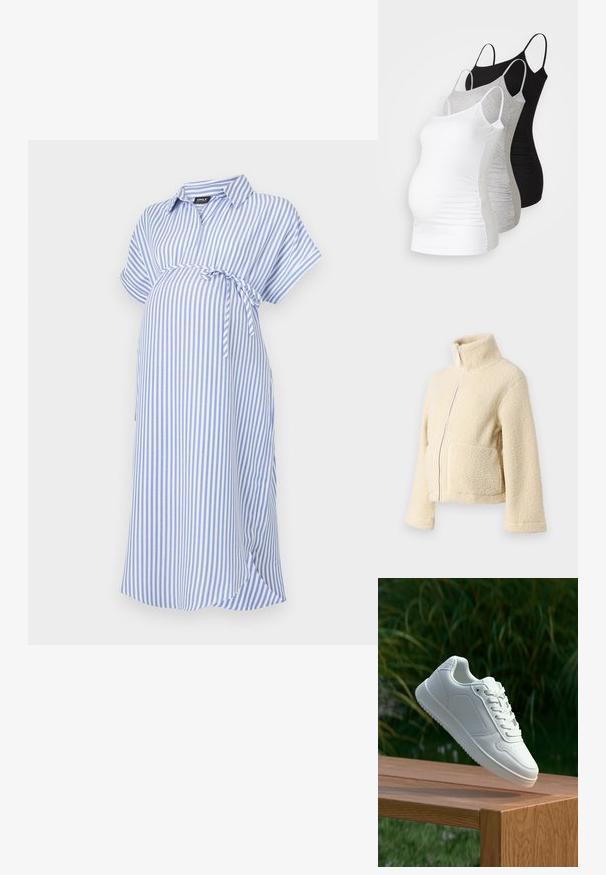 Kremo spalvos pūkinė striukė su aukštu apykakle, priekyje užtrauktuku ir dviem kišenėmis. Yra minkštas, tekstūruotas paviršius ir plačios rankovės.; Mėlynas ir baltas dryžuotas nėščioms skirtas suknelė, trumpomis rankovėmis, su apykakle, su juostos segtuku juosmenyje, pagaminta iš minkštos medžiagos, laisvai krentančio silueto.; Trys nėštumo marškiniai be rankovių – balti, pilki ir juodi. Tampri medžiaga su reguliuojamomis petnešėlėmis ir susiraukšlėjusiomis šoninėmis siūlėmis, užtikrinančiomis komfortą.; Balti sneakeriai su lygia sintetine viršutine dalimi, perforuota pirštų zona, plokščiomis raištelėmis ir tekstūruotu padu, padėti ant medinės paviršiaus.