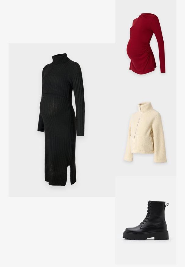 Krema flis jakna z visokim ovratnikom, sprednjim zadrgo in dvema večjima žepoma. Ima mehak, teksturiran površin in široke rokave.; Črna rebrasta midi obleka z dolgimi rokavi in turtleneck ovratnikom. Ima stranski razporek in prilegajoč dizajn, ki se prilega rastočemu trebuhu.; Rdeča materinska majica z dolgimi rokavi v rebrasti teksturi, z drapiranim ovratnikom in stranskim gathersom, ki prilagaja rastočemu trebuhu.; Črne usnjene gležnjarje z okroglo konico, vezalnim sprednjim delom in debelim gumijastim podplatom z teksturiranim profilom. Zanka na hrbtni strani.