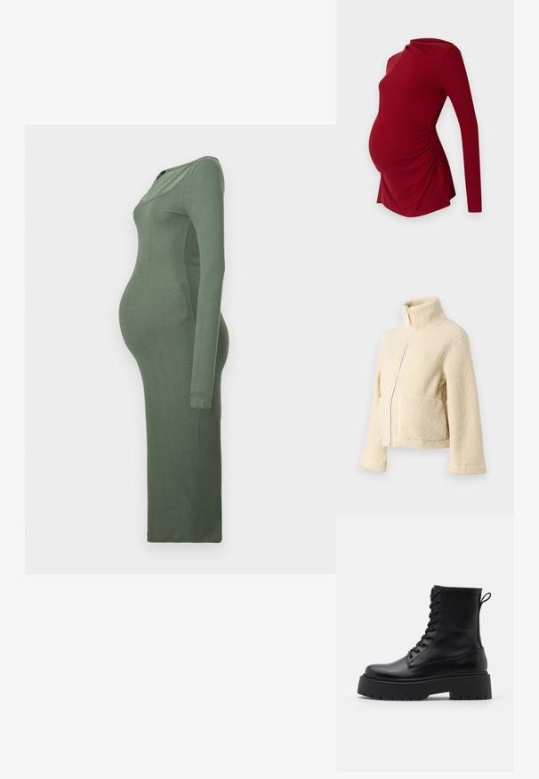 Kreemimust kampsun kõrge krae, ees tõmblukuga ja kahe kott-taskuga. Omab pehmet, tekstuuri pinnat ja laiu varrukaid.; Sünnituskleit pehmest ribakanga, pikkade varrukatega, liibuv kuju ja rohelises värvitoonis. Omab ümarat kaelust ja pikka pikkust.; Pikad varrukad punane rasedustop ribatreipimisega, millel on rippuv kaelus ja külgkrutimisega detailid, et mahutada kasvavat kõhtu.; Mustad mustad nahast pahkluu saapad ümarate varvastega, nööridega esiosas ja paksu kummist talla ning tekstuuritud mustriga. Tagumine tõmbeaas.