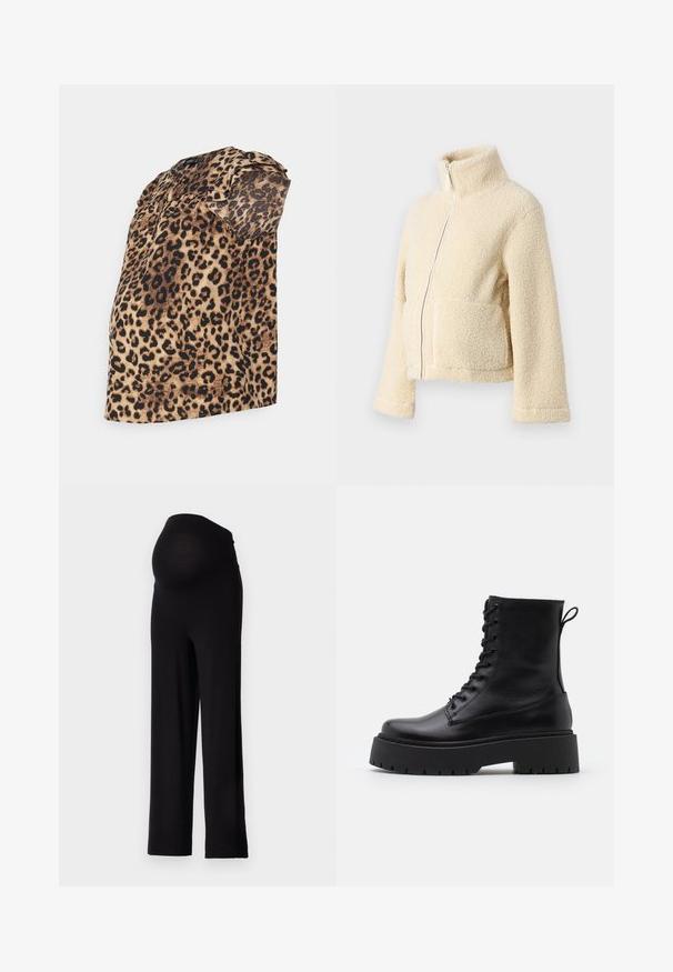 Cream fleece jacket with a high collar, front zipper, and two patch pockets. Features a soft, textured surface and wide sleeves.; Leopard print blouse featuring a relaxed fit, short puff sleeves, and a rounded neckline, made from lightweight, textured fabric.; Black maternity pants with a stretchy, fitted waistband and wide-leg design. Made of soft fabric, offering comfort and support.; Black leather ankle boots with a round toe, lace-up front, and a thick rubber sole featuring a textured tread. Pull tab at the back.