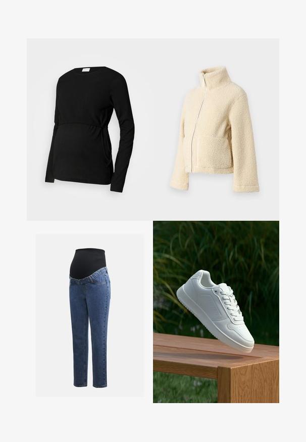 Krémová flísová bunda s vysokým golierom, predným zipsom a dvoma náprsními vreckami. Má mäkký, štruktúrovaný povrch a široké rukávy.; Čierna tehotenská blúzka s dlhým rukávom vyrobená z textúrovaného materiálu. Obsahuje zúžený pás a bočné viazanie pre nastaviteľné priliehanie.; Tehotenské jeansy s modrými denimovými nohavicami a čiernym elastickým brušným panelom navrhnuté na podporu a pokrytie rastúceho brucha.; Biele tenisky s hladkým syntetickým zvrškom, perforovanou špičkou, plochými šnúrkami a textúrovanou podrážkou, vystavené na drevenej ploche.