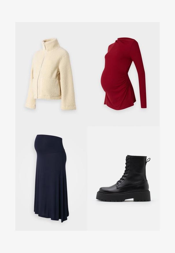 Krema flis jakna z visokim ovratnikom, sprednjim zadrgo in dvema večjima žepoma. Ima mehak, teksturiran površin in široke rokave.; Rdeča materinska majica z dolgimi rokavi v rebrasti teksturi, z drapiranim ovratnikom in stranskim gathersom, ki prilagaja rastočemu trebuhu.; Materinski krilo v mornarsko modri barvi, izdelano iz mehkega, raztegljivega materiala. Ima visok pas in tekoč A-linijski dizajn.; Črne usnjene gležnjarje z okroglo konico, vezalnim sprednjim delom in debelim gumijastim podplatom z teksturiranim profilom. Zanka na hrbtni strani.