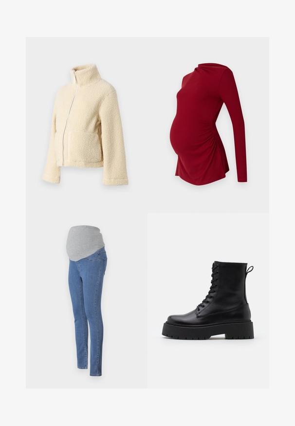 Kremfarget fleecejakke med høy krage, glidelås foran og to klaffelommer. Har en myk, teksturert overflate og vide ermer.; Langermet rød graviditetstopp i ribbestrikket tekstur, med en drapert halslinje og siderykningsdetaljer for å imøtekomme en voksende mage.; Graviditetsbukser med en tettsittende design, blå denimstoff og en myk grå jersey-linning for komfort. Har baklommer og slim fit.; Sorte skinn ankelstøvler med rund tå, snøring foran og tykk gummisåle med teksturert mønster. Håndtak bak.