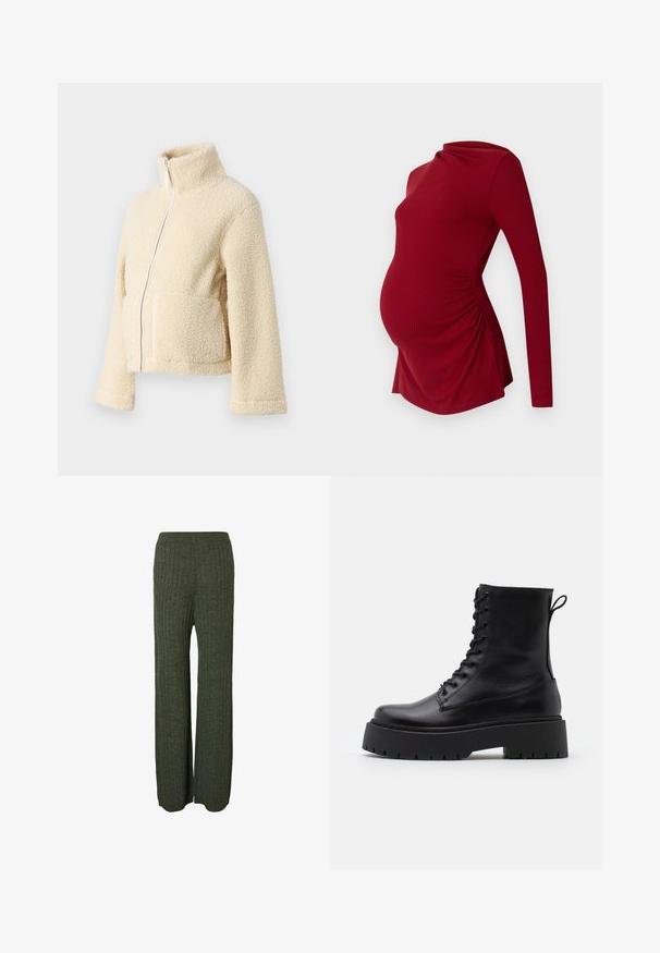 Kremfarget fleecejakke med høy krage, glidelås foran og to klaffelommer. Har en myk, teksturert overflate og vide ermer.; Langermet rød graviditetstopp i ribbestrikket tekstur, med en drapert halslinje og siderykningsdetaljer for å imøtekomme en voksende mage.; Grønne ribbeformede strikkede bukser med vidde, som har vertikal tekstur og en komfortabel elastisk midje.; Sorte skinn ankelstøvler med rund tå, snøring foran og tykk gummisåle med teksturert mønster. Håndtak bak.