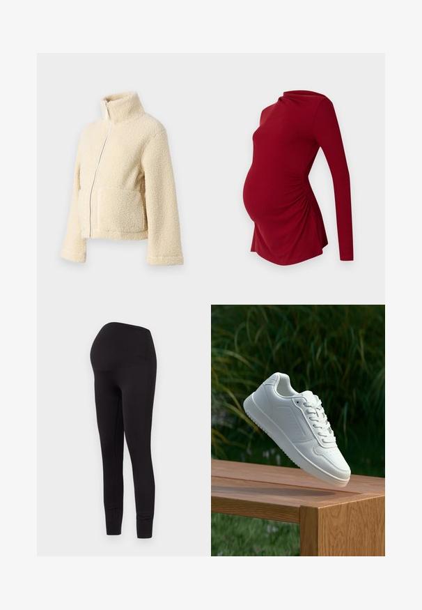 Kremasti flis jakna s visokim ovratnikom, prednjim patentnim zatvaračem i dva džepa s preklopom. Ima mekan, teksturiran površinu i široke rukave.; Duga crvena majica za trudnice s rebrastom teksturom, s drapiranim dekolteom i bočnim naborima kako bi se prilagodila rastućem trbuhu.; Crne trudničke tajice od rastezljivog i glatkog materijala. Dizajn uključuje visoki pojas koji se prilagođava rastućem trbuhu. Duljina je do gležnjeva.; Bijela tenisica sa glatkim sintetičkim gornjim dijelom, perforiranim prednjim dijelom, ravnim vezicama i teksturiranom potplatom, prikazana na drvenoj površini.