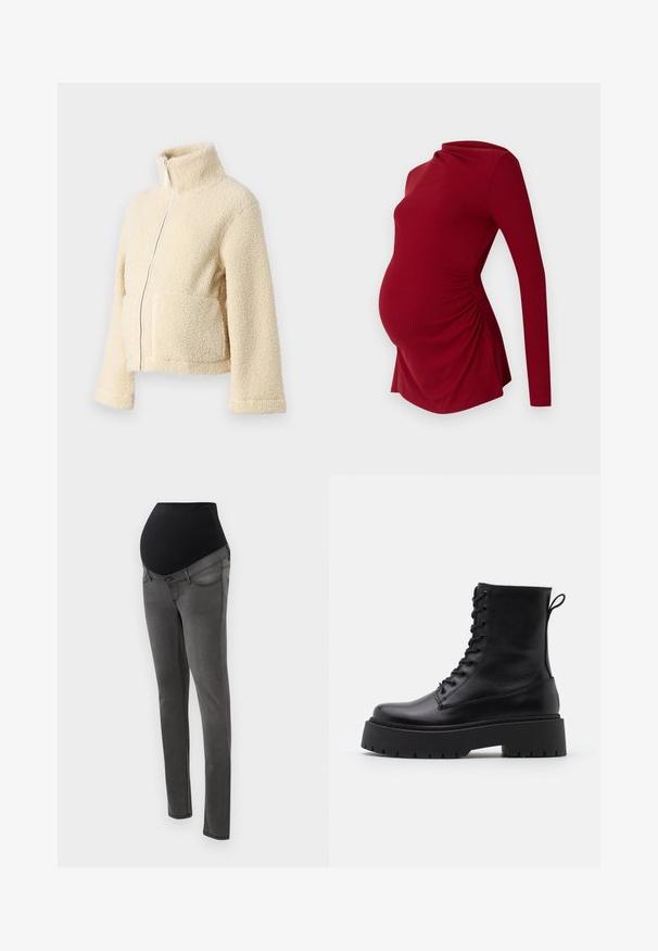 Kremo spalvos pūkinė striukė su aukštu apykakle, priekyje užtrauktuku ir dviem kišenėmis. Yra minkštas, tekstūruotas paviršius ir plačios rankovės.; Ilgyvęs rankovėmis raudona nėščiųjų tunika su velveto tekstūra, turinti drapiruotą iškirptę ir šoninius raukšlėjimus, leidžiančius prisitaikyti prie augančio pilvuko.; Nėštumo džinsai su juodu elastingu juosmeniu, pilkos džinsinio audinio kibirėliais, aptemptas modelis ir kišenėmis. Ypatybės - lygus paviršius ir švarios linijos.; Juodos odinės aulinukės su apvalia nosimi, raišteliais priekyje ir storesniu guminio pado apačioje su tekstūruotu raštu. Priekyje yra kilputė.