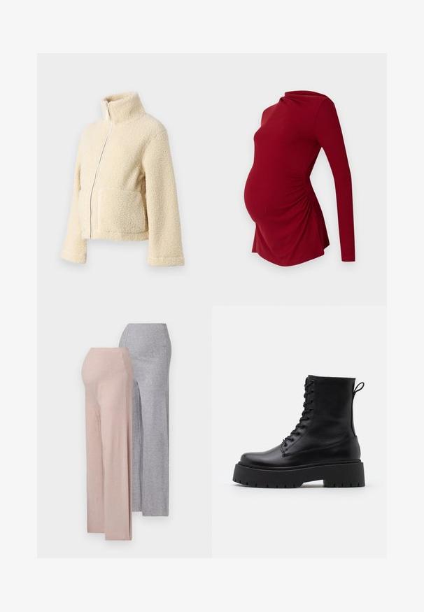 Kreemi fleesjakke, millel on kõrge krae, esipesu ja kaks lapitaskut. Omab pehmet, tekstuurset pinda ja laiu varrukasid.; Pitkähihaista punaisesta äitiyspaidasta ribbineulosta, jossa on laskostettu pääntie ja sivusomistus kasvavan vatsan mukauttamiseksi.; Kaksi paria leveälahkeisia housuja, yksi vaaleanpunainen ja yksi vaaleanharmaa, valmistettu pehmeästä ribbikudoksesta, jossa on korkea vyötärö.; Musta nahkainen nilkkureita, joissa on pyöreä kärki, nauhakiinnitys edessä ja paksu kumipohja, jossa on teksturoitu pinta. Takana vetotappi.