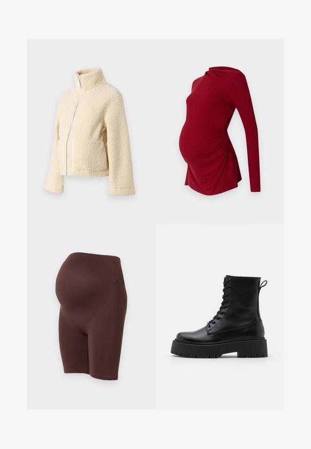 Veste en polaire crème avec un col haut, fermeture éclair frontale et deux poches à rabat. Présente une surface douce et texturée ainsi que des manches larges.; Haut de maternité à manches longues en texture côtelée, avec un décolleté drapé et un ruché sur les côtés pour s'adapter à un ventre en croissance.; Shorts de maternité marron et extensibles avec une taille haute, conçus pour accueillir un ventre qui grandit. Texture lisse, longueur mi-cuisse, sans coutures visibles.; Bottines en cuir noir avec un bout rond, un laçage à l'avant et une épaisse semelle en caoutchouc dotée d'un motif texturé. Tirer au dos.