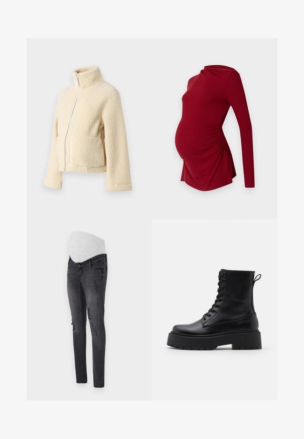 Kremasti flis jakna s visokim ovratnikom, prednjim patentnim zatvaračem i dva džepa s preklopom. Ima mekan, teksturiran površinu i široke rukave.; Duga crvena majica za trudnice s rebrastom teksturom, s drapiranim dekolteom i bočnim naborima kako bi se prilagodila rastućem trbuhu.; Trudnički traperice u tamnosivom denimu s rastezljivim pojasom, s istaknutim oštećenjima i uskim krojem.; Crne kožne gležnjače s okruglim vrhom, vezanjem sprijeda i debelim gumenim potplatom s teksturiranim uzorkom. Tipa: traka za vuču na stražnjoj strani.