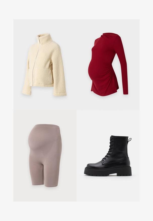 Kremfarget fleecejakke med høy krage, glidelås foran og to klaffelommer. Har en myk, teksturert overflate og vide ermer.; Langermet rød graviditetstopp i ribbestrikket tekstur, med en drapert halslinje og siderykningsdetaljer for å imøtekomme en voksende mage.; Graviditetsshorts i en myk taupe-farge, med et elastisk stoff og en høy midje designet for støtte, som når midt på låret.; Sorte skinn ankelstøvler med rund tå, snøring foran og tykk gummisåle med teksturert mønster. Håndtak bak.