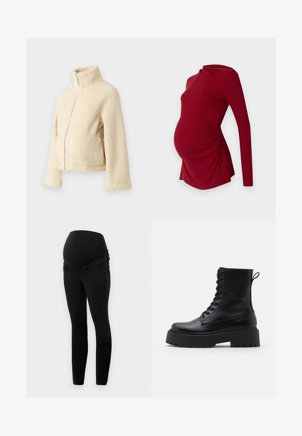 Krema flis jakna z visokim ovratnikom, sprednjim zadrgo in dvema večjima žepoma. Ima mehak, teksturiran površin in široke rokave.; Rdeča materinska majica z dolgimi rokavi v rebrasti teksturi, z drapiranim ovratnikom in stranskim gathersom, ki prilagaja rastočemu trebuhu.; Črne nosečniške kavbojke z raztegljivim pasom nad trebuščkom, ožjega kroja in sprednjimi žepi z gladko teksturo.; Črne usnjene gležnjarje z okroglo konico, vezalnim sprednjim delom in debelim gumijastim podplatom z teksturiranim profilom. Zanka na hrbtni strani.