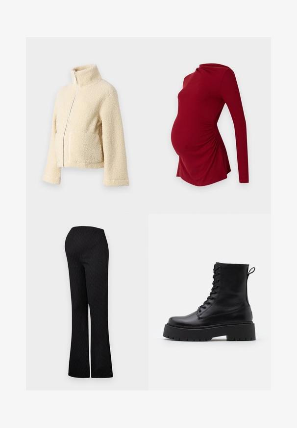Krema flis jakna z visokim ovratnikom, sprednjim zadrgo in dvema večjima žepoma. Ima mehak, teksturiran površin in široke rokave.; Rdeča materinska majica z dolgimi rokavi v rebrasti teksturi, z drapiranim ovratnikom in stranskim gathersom, ki prilagaja rastočemu trebuhu.; Črne razširjene hlače z elastičnim pasom, ki imajo subtilen diamantni vzorec po celotni površini. Preprost dizajn, brez vidnih kovinskih delov.; Črne usnjene gležnjarje z okroglo konico, vezalnim sprednjim delom in debelim gumijastim podplatom z teksturiranim profilom. Zanka na hrbtni strani.