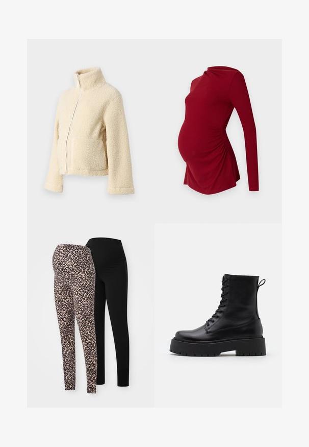 Jachetă din fleece crem, cu guler înalt, fermoar frontal și două buzunare aplicate. Are o suprafață moale și texturată și mâneci largi.; Bluză de maternitate cu mâneci lungi, de culoare roșie, cu textură în dungi, având un decolteu drapat și pliuri pe lateral pentru a se adapta unei burtici în creștere.; Două perechi de colanți: una are un design cu imprimeu de leopard în bej și negru, în timp ce cealaltă este complet neagră, ambele având o formă ajustată și benzi elastice la talie.; Botine din piele neagră, până la gleznă, cu vârful rotund, șireturi în față și o talpă groasă din cauciuc cu un model texturat. Fâșie de tragere la spate.