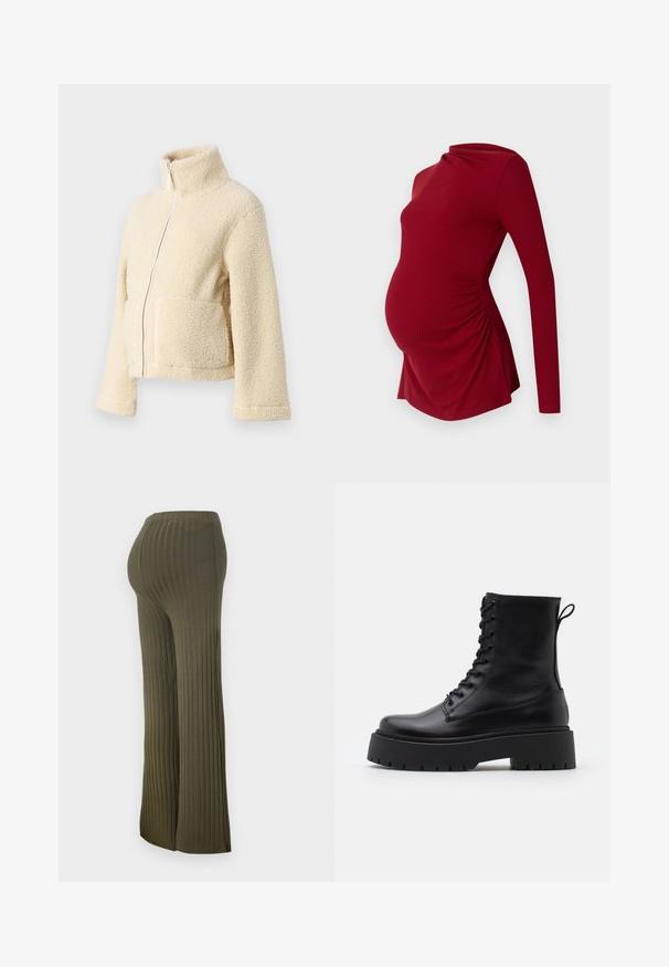 Kremo spalvos pūkinė striukė su aukštu apykakle, priekyje užtrauktuku ir dviem kišenėmis. Yra minkštas, tekstūruotas paviršius ir plačios rankovės.; Ilgyvęs rankovėmis raudona nėščiųjų tunika su velveto tekstūra, turinti drapiruotą iškirptę ir šoninius raukšlėjimus, leidžiančius prisitaikyti prie augančio pilvuko.; Alkso žalios, aukštu liemeniu, raukšlėtos mezginės kelnės, platėjančios nuo kelio, su minkšta tekstūra ir elastingu liemeniu patogumui.; Juodos odinės aulinukės su apvalia nosimi, raišteliais priekyje ir storesniu guminio pado apačioje su tekstūruotu raštu. Priekyje yra kilputė.