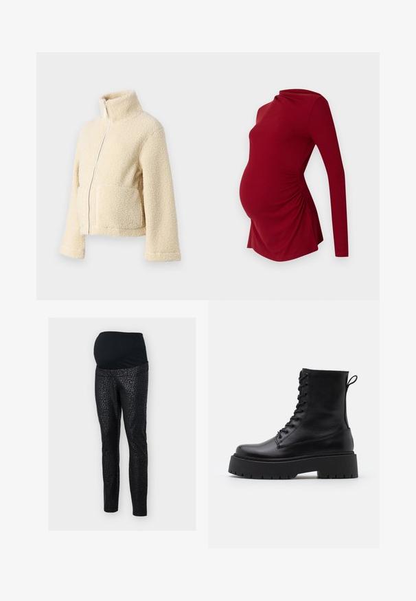 Cream fleece jacket with a high collar, front zipper, and two patch pockets. Features a soft, textured surface and wide sleeves.; Long-sleeve red maternity top in ribbed texture, featuring a draped neckline and side ruching to accommodate a growing belly.; Maternity leggings in black with a stretchy, textured waistband. The main fabric features a subtle black leopard print pattern. Slim-fit design.; Black leather ankle boots with a round toe, lace-up front, and a thick rubber sole featuring a textured tread. Pull tab at the back.