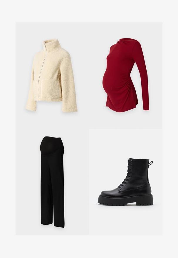 Kremasti flis jakna s visokim ovratnikom, prednjim patentnim zatvaračem i dva džepa s preklopom. Ima mekan, teksturiran površinu i široke rukave.; Duga crvena majica za trudnice s rebrastom teksturom, s drapiranim dekolteom i bočnim naborima kako bi se prilagodila rastućem trbuhu.; Crne rebraste trudničke hlače s širokim, rastezljivim remenom i opuštenim, širokim nogavicama. Tkanina je glatka s suptilnom teksturom.; Crne kožne gležnjače s okruglim vrhom, vezanjem sprijeda i debelim gumenim potplatom s teksturiranim uzorkom. Tipa: traka za vuču na stražnjoj strani.