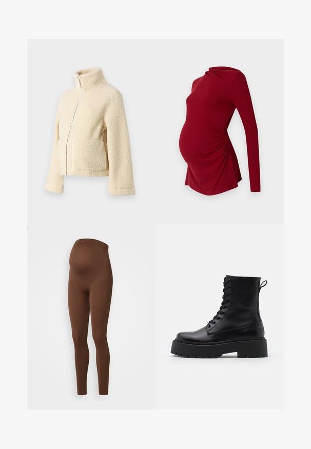 Veste en polaire crème avec un col haut, fermeture éclair frontale et deux poches à rabat. Présente une surface douce et texturée ainsi que des manches larges.; Haut de maternité à manches longues en texture côtelée, avec un décolleté drapé et un ruché sur les côtés pour s'adapter à un ventre en croissance.; MAMALICIOUS MLTIA JEANNE - Legging (type pantalon) - pinecone; Bottines en cuir noir avec un bout rond, un laçage à l'avant et une épaisse semelle en caoutchouc dotée d'un motif texturé. Tirer au dos.