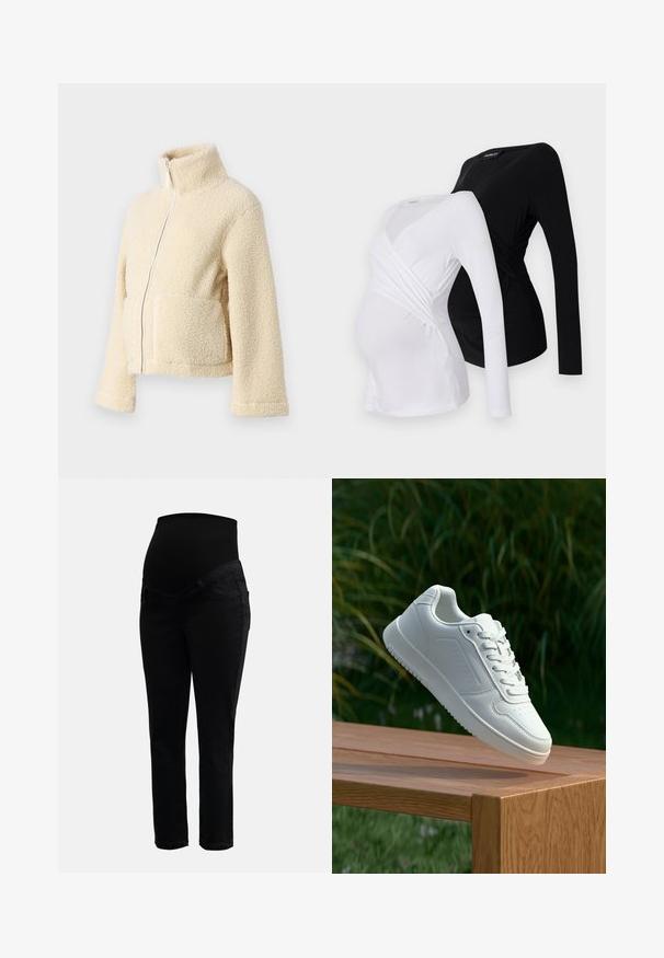 Kreemimust kampsun kõrge krae, ees tõmblukuga ja kahe kott-taskuga. Omab pehmet, tekstuuri pinnat ja laiu varrukaid.; Kaks pikkade varrukatega rasedustoppi valges ja mustas värvitoonis. Omab ristuv disain, pehmet kangast ja kaardus hemline'i mugavaks istuvuseks.; Mustad rasedusjeansid, millel on veniv kõrge vöökoht ja kitsad sääred, disainitud mugavuse ja toe tagamiseks raseduse ajal.; Valged sneakerd, millel on sile sünteetiline ülemine osa, väikeste aukudega varvaskast, lamedad paelad ja tekstuuriga tald, eksponeeritud puidust pinnal.