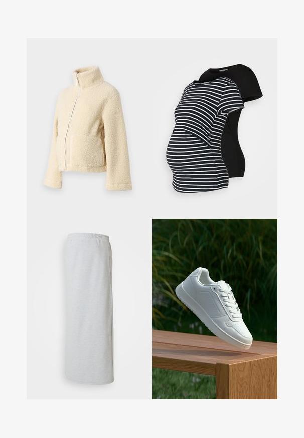 Creme fleecejakke med høj krave, frontlynlås og to påsyede lommer. Har en blød, struktureret overflade og brede ærmer.; To graviditetst-shirts: en sort, en sort og hvid stribet. Begge har korte ærmer og en buet kant, designet til komfort under graviditeten.; Lys grå sweat-skjørt lavet af blød bomuldsblanding, med elastisk talje, sidelommer og en lang, lige silhuet.; Hvid sneaker med en glat syntetisk overdel, perforeret tåboks, flade snørebånd og en tekstureret sål, præsenteret på en træoverflade.