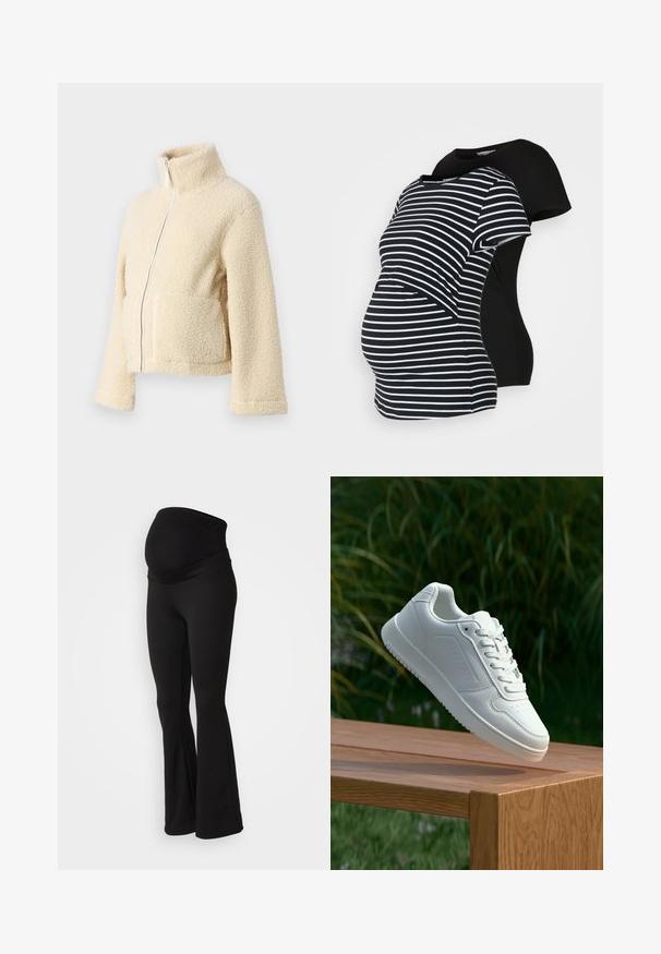 Kremo spalvos pūkinė striukė su aukštu apykakle, priekyje užtrauktuku ir dviem kišenėmis. Yra minkštas, tekstūruotas paviršius ir plačios rankovės.; Du ženų nėštumo marškiniai: vieni juodi, kiti juodi su baltais dryžiais. Abu turi trumpas rankoves ir išlenktą hemą, sukurtus komfortui nėštumo metu.; Juodi nėštuminiai leggingai su plačia, elastinga juosmeniu, platėjantys dizainas ir minkšta audinio tekstūra, tinkama komfortui ir palaikymui.; Balti sneakeriai su lygia sintetine viršutine dalimi, perforuota pirštų zona, plokščiomis raištelėmis ir tekstūruotu padu, padėti ant medinės paviršiaus.