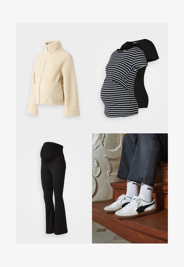 Creme fleecejakke med høj krave, frontlynlås og to påsyede lommer. Har en blød, struktureret overflade og brede ærmer.; To graviditetst-shirts: en sort, en sort og hvid stribet. Begge har korte ærmer og en buet kant, designet til komfort under graviditeten.; Sorte graviditetsleggings med bred, strækbar talje, flagrende design og blød stofstruktur, der er velegnet til komfort og støtte.; Puma sneakers i hvid og sort ruskind med en brun gummisål. Bæres med hvide sokker med et sort logo og mørke bukser.