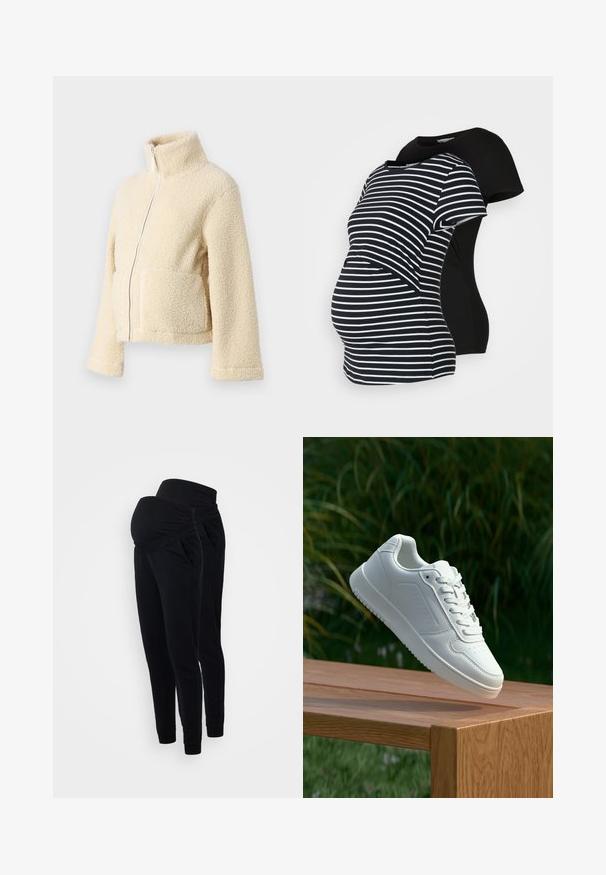 Krēms krāsas vilnas jaka ar augstu apkakli, priekšējo rāvējslēdzēju un divām kabatām. Tai ir mīksta, tekstūra virsma un plašas piedurknes.; Divas grūtniecēm paredzētas T-kreklas: viens melns, otrs melnbalts ar svītrām. Abiem ir īsas piedurknes un izliekts apakšmalas dizains, kas nodrošina komfortu grūtniecības laikā.; Melnas grūtniecības sporta bikses ar salocītu jostu, sānu kabatām un sašaurināta kāju dizainu. Izgatavotas no mīksta, elastīga auduma ērtībai.; Baltie sporta apavi ar gludu sintētisku augšpusi, perforētu pirkstu daļu, plakani šņorēm un rakstainu zoli, novietoti uz koka virsmas.