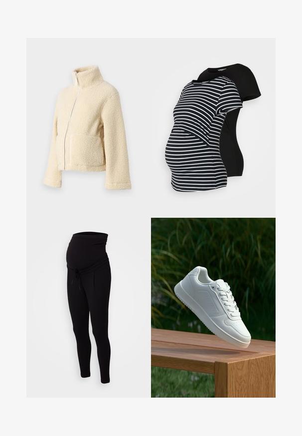Crème fleece jacket met een hoge kraag, een rits aan de voorkant en twee grote zakken. Heeft een zachte, gestructureerde oppervlakte en brede mouwen.; Twee zwangerschapst-shirts: één zwart, de ander zwart met witte strepen. Beide hebben korte mouwen en een gebogen zoom, ontworpen voor comfort tijdens de zwangerschap.; Zwarte zwangerschapsjoggers met een rekbare tailleband, trekkoorddetail en taps toelopende benen. Gemaakt van zachte, flexibele stof voor comfort.; Witte sneaker met een gladde synthetische bovenkant, geperforeerde neus, platte veters en een gestructureerde zool, tentoongesteld op een houten oppervlak.