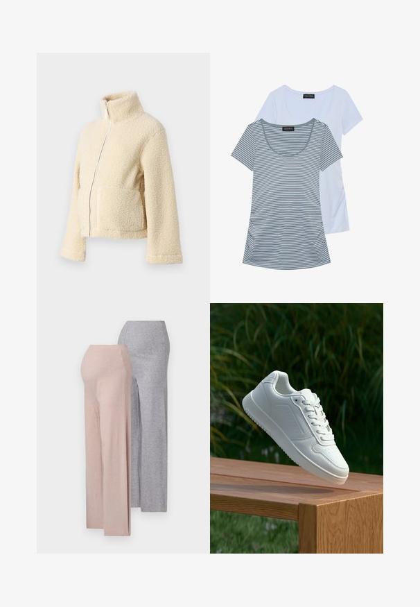 Creme fleecejakke med høj krave, frontlynlås og to påsyede lommer. Har en blød, struktureret overflade og brede ærmer.; To t-shirts: en ensfarvet lys blå og en grå med horisontale striber. Begge har en bådhals og korte ærmer.; To par brede bukser, en lyserød og en lysegrå, lavet af et blødt ribbet strikket stof med en høj talje.; Hvid sneaker med en glat syntetisk overdel, perforeret tåboks, flade snørebånd og en tekstureret sål, præsenteret på en træoverflade.