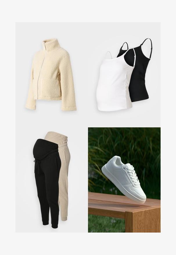 Jaqueta de fleece creme com gola alta, fecho frontal e dois bolsos de patch. Apresenta uma superfície suave e texturada e mangas largas.; Dois tops de maternidade em preto e branco, feitos de um tecido suave, com alças ajustáveis e um design justo para acomodar uma barriga em crescimento.; Calças de maternidade em preto e bege claro. Tecido suave, cintura elástica, cordão, pernas ajustadas e bolsos laterais.; Sapatilha branca com um cabedal sintético liso, caixa dos dedos perfurada, atacadores planos e uma sola texturizada, exposta sobre uma superfície de madeira.