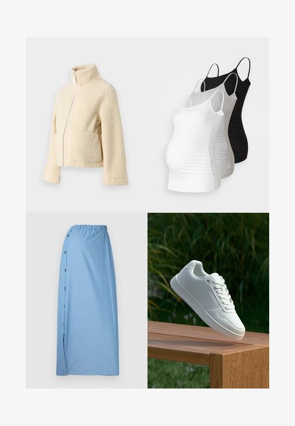 Cremefarbene Fleecejacke mit hohem Kragen, frontalem Reißverschluss und zwei aufgesetzten Taschen. Sie zeichnet sich durch eine weiche, strukturierte Oberfläche und weite Ärmel aus.; Drei Still-Tanktops in Weiß, Grau und Schwarz. Dehnbare Stoffe mit verstellbaren Spaghettiträgern und gerafften Seitennähten für zusätzlichen Komfort.; Hochblaue Rock aus weichem Stoff, mit einem gerafften Taillenband, seitlichen Knöpfen und einem Schlitz auf der linken Seite für zusätzlichen Detail.; Weiße Sneaker mit einem glatten, synthetischen Obermaterial, perforierter Zehenbox, flachen Schnürsenkeln und einer strukturierten Sohle, präsentiert auf einer Holzoberfläche.