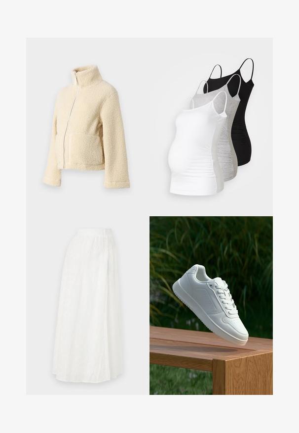 Kremasti flis jakna s visokim ovratnikom, prednjim patentnim zatvaračem i dva džepa s preklopom. Ima mekan, teksturiran površinu i široke rukave.; Tri majice za trudnice bez rukava u bijeloj, sivoj i crnoj boji. Elastični materijal s podesivim trakama i naboranim bočnim šavovima za udobnost.; Bijela maksi suknja s elastičnom talijom, koja sadrži teksturirani cvjetni uzorak i čipkaste izreze po cijeloj tkanini.; Bijela tenisica sa glatkim sintetičkim gornjim dijelom, perforiranim prednjim dijelom, ravnim vezicama i teksturiranom potplatom, prikazana na drvenoj površini.