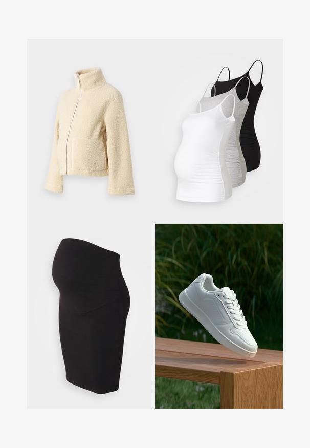 Krēms krāsas vilnas jaka ar augstu apkakli, priekšējo rāvējslēdzēju un divām kabatām. Tai ir mīksta, tekstūra virsma un plašas piedurknes.; Trīs grūtniecības tērpi bez piedurknēm baltā, pelēkā un melnā krāsā. Elastīgs audums ar regulējamiem tievajiem plecu siksniņām un savilktām sānu šuvēm komfortam.; Melnas grūtniecības svārki, izgatavoti no mīksta, elastīga auduma. Tiem ir augsts jostas panelis ērtībai un pieguļoša forma, kas pielāgojas ķermenim.; Baltie sporta apavi ar gludu sintētisku augšpusi, perforētu pirkstu daļu, plakani šņorēm un rakstainu zoli, novietoti uz koka virsmas.