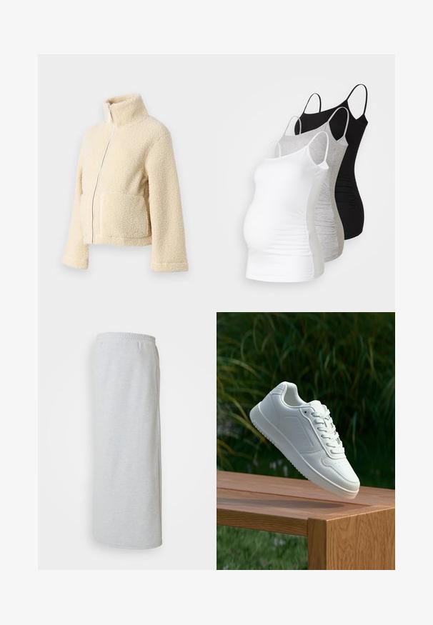 Veste en polaire crème avec un col haut, fermeture éclair frontale et deux poches à rabat. Présente une surface douce et texturée ainsi que des manches larges.; Trois débardeurs de maternité en blanc, gris et noir. Tissu extensible avec des bretelles spaghetti réglables et des coutures latérales froncées pour plus de confort.; Jupe de survêtement gris clair en mélange de coton doux, dotée d'une taille élastique, de poches latérales et d'une silhouette droite longue.; Sneakers blanches avec une tige synthétique lisse, un avant perforé, des lacets plats et une semelle texturée, présentées sur une surface en bois.