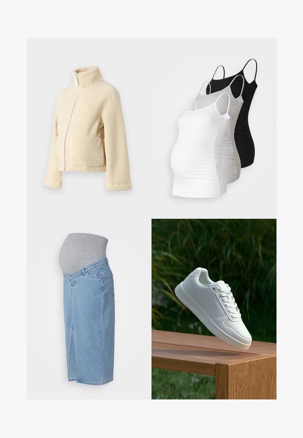 Krēms krāsas vilnas jaka ar augstu apkakli, priekšējo rāvējslēdzēju un divām kabatām. Tai ir mīksta, tekstūra virsma un plašas piedurknes.; Trīs grūtniecības tērpi bez piedurknēm baltā, pelēkā un melnā krāsā. Elastīgs audums ar regulējamiem tievajiem plecu siksniņām un savilktām sānu šuvēm komfortam.; Gaiši zili grūtniecības džinsi ar pelēku elastīgu jostasvietu. Ir taisnā griezuma, priekšējās kabatas un šķēlums priekšējā apakšmalā.; Baltie sporta apavi ar gludu sintētisku augšpusi, perforētu pirkstu daļu, plakani šņorēm un rakstainu zoli, novietoti uz koka virsmas.