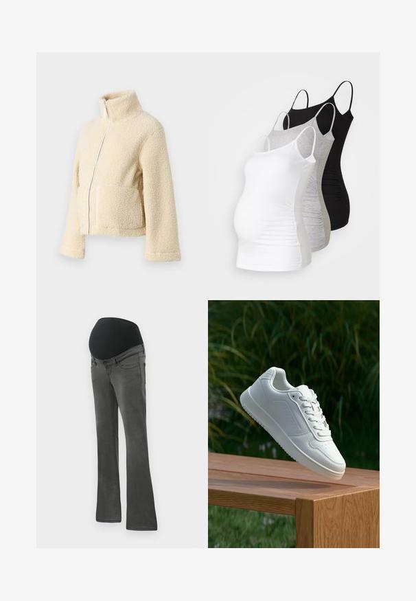 Cream fleece jacket with a high collar, front zipper, and two patch pockets. Features a soft, textured surface and wide sleeves.; Three maternity tank tops in white, gray, and black. Stretchy fabric with adjustable spaghetti straps and gathered side seams for comfort.; Pregnancy jeans in dark gray denim with a wide elastic black waistband, straight leg cut, and subtle fading on the fabric.; White sneaker with a smooth synthetic upper, perforated toe box, flat laces, and a textured sole, displayed on a wooden surface.