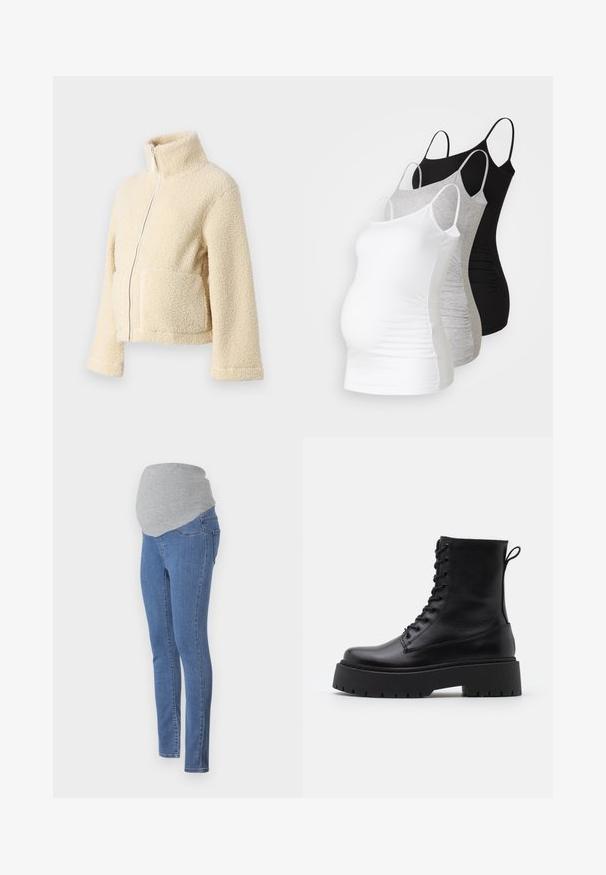 Kremowa polarowa kurtka z wysokim kołnierzem, zamek błyskawiczny z przodu i dwiema kieszeniami naszytymi. Posiada miękką, teksturowaną powierzchnię i szerokie rękawy.; Trzy topy ciążowe na ramiączkach w kolorze białym, szarym i czarnym. Elastyczny materiał z regulowanymi ramiączkami i zaszewkami po bokach dla wygody.; Jeans ciążowe o dopasowanym kroju, wykonane z niebieskiego denimu, z miękkim szarym ściągaczem w pasie dla wygody. Posiadają tylne kieszenie i wąski krój.; Czarne skórzane botki za kostkę z okrągłym noskiem, sznurówką z przodu i grubą gumową podeszwą z teksturowanym bieżnikiem. Pętelka do zakładania z tyłu.