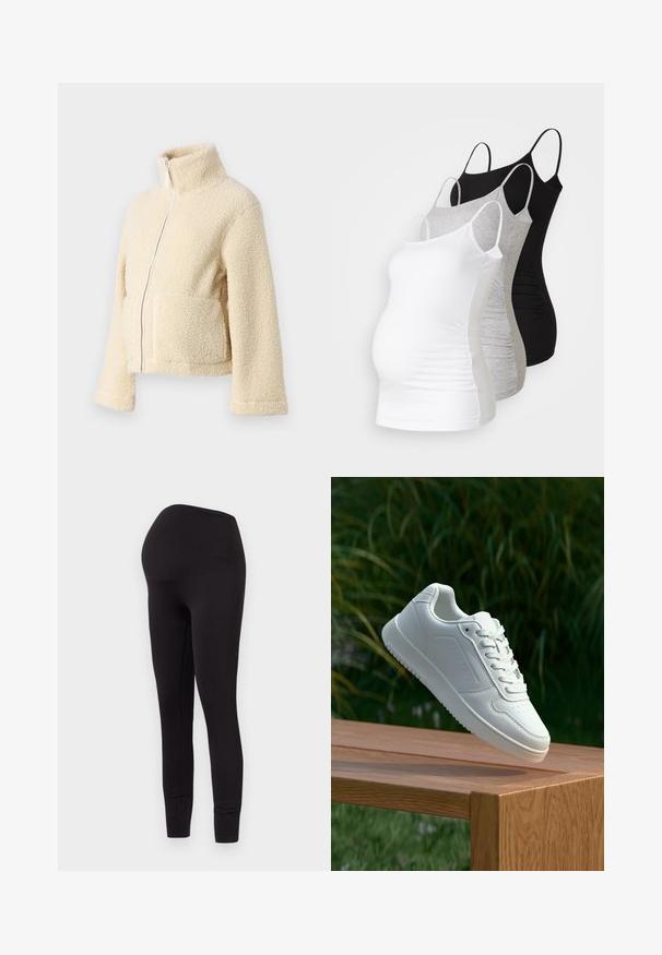 Krém színű plüss dzseki magas gallérral, elülső cipzárral és két folt zsebbel. Puha, textúrált felülettel és széles ujjakkal rendelkezik.; Három kismama tank top fehér, szürke és fekete színben. Rugalmas anyag, állítható pántokkal és beszegett oldals seams, hogy kényelmes viseletet biztosítson.; Fekete kismama leggings rugalmas, sima anyagból. A dizájn része egy magas derékrész, amely igazodik a növekvő hashoz. Hossza bokáig ér.; Fehér sportcipő sima szintetikus felsőrésszel, perforált lábujjrész, lapos fűzőkkel és texturált talppal, fából készült felületen kihelyezve.