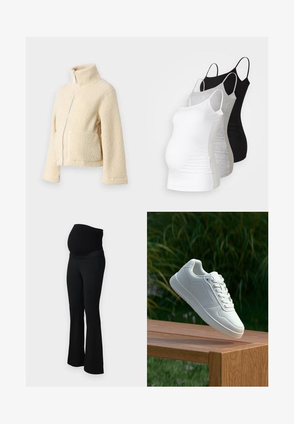 Cream fleece jacket with a high collar, front zipper, and two patch pockets. Features a soft, textured surface and wide sleeves.; Three maternity tank tops in white, gray, and black. Stretchy fabric with adjustable spaghetti straps and gathered side seams for comfort.; ONLY MATERNITY OLMPAIGE - Trousers - black; White sneaker with a smooth synthetic upper, perforated toe box, flat laces, and a textured sole, displayed on a wooden surface.