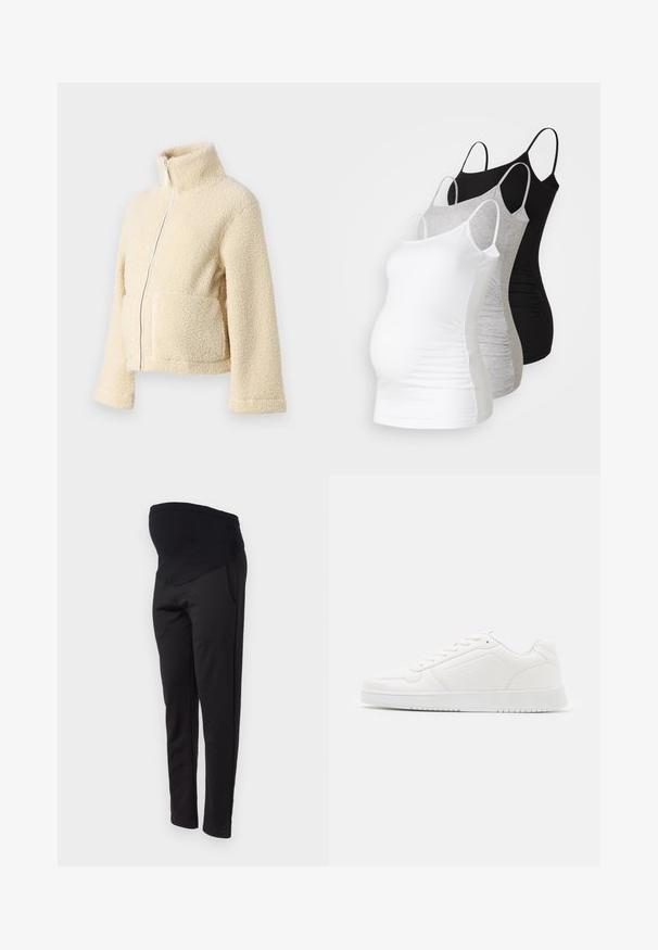 Cream fleece jacket with a high collar, front zipper, and two patch pockets. Features a soft, textured surface and wide sleeves.; Three maternity tank tops in white, gray, and black. Stretchy fabric with adjustable spaghetti straps and gathered side seams for comfort.; ONLY MATERNITY OLMGISELEA  - Trousers - black; White sneaker made of smooth synthetic material, featuring a rounded toe, lace-up design, flat sole, and subtle perforated detailing.