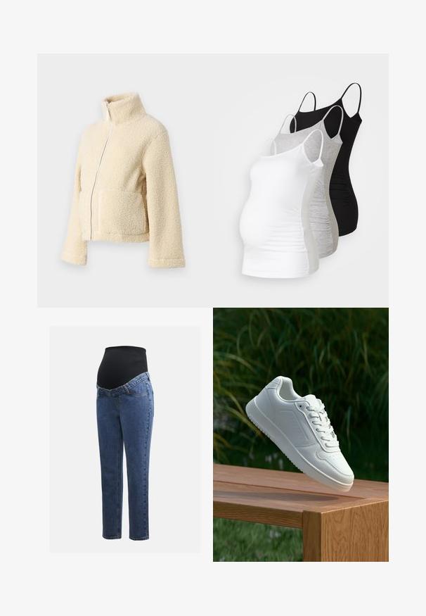 Cream fleece jacket with a high collar, front zipper, and two patch pockets. Features a soft, textured surface and wide sleeves.; Three maternity tank tops in white, gray, and black. Stretchy fabric with adjustable spaghetti straps and gathered side seams for comfort.; Maternity jeans with blue denim legs and a black stretchy abdominal panel designed to support and cover a growing belly.; White sneaker with a smooth synthetic upper, perforated toe box, flat laces, and a textured sole, displayed on a wooden surface.