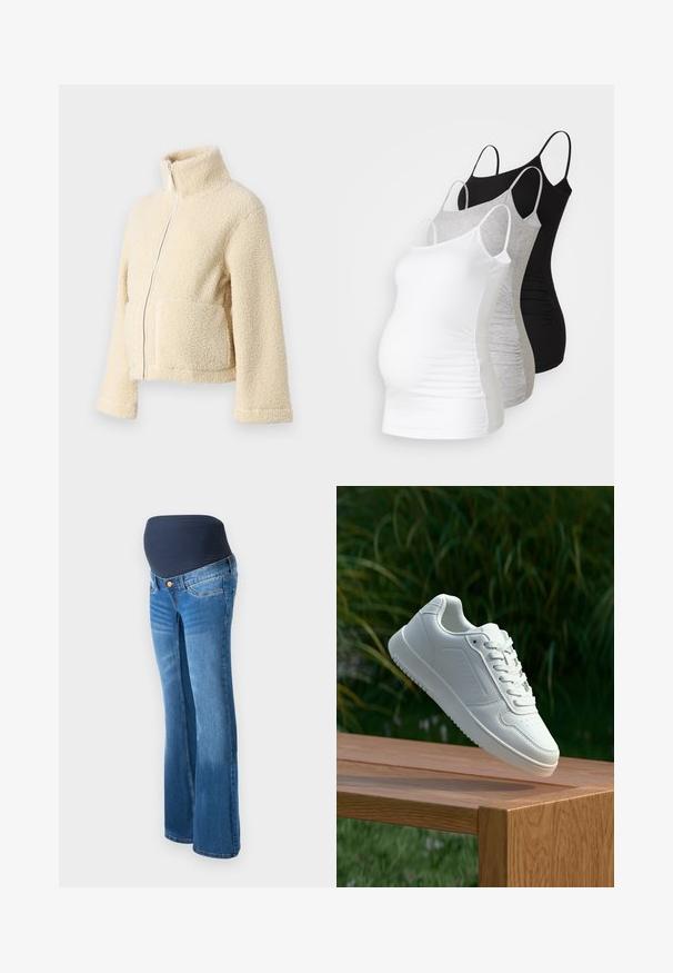 Chaqueta de forro polar crema con cuello alto, cremallera frontal y dos bolsillos de parche. Presenta una superficie suave y texturizada y mangas anchas.; Tres camisetas de maternidad sin mangas en blanco, gris y negro. Fabricadas con tejido elástico, tienen tirantes ajustables y costuras laterales fruncidas para mayor comodidad.; Jeans de maternidad de mezclilla azul, con un panel elástico de un oscuro tono navy en la cintura, piernas acampanadas y un diseño clásico de cinco bolsillos.; Zapatilla blanca con un upper sintético suave, caja de dedos perforada, cordones planos y una suela texturizada, exhibida sobre una superficie de madera.