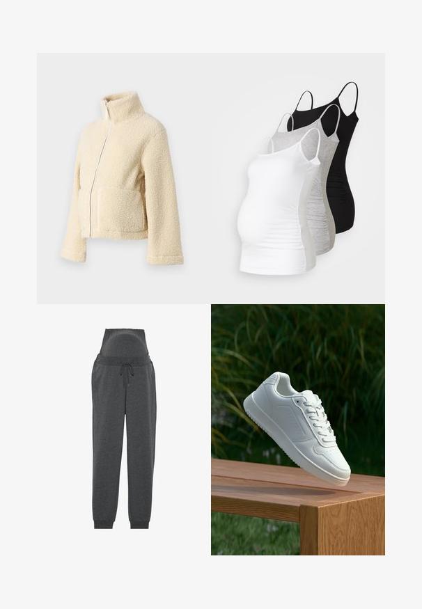 Krēms krāsas vilnas jaka ar augstu apkakli, priekšējo rāvējslēdzēju un divām kabatām. Tai ir mīksta, tekstūra virsma un plašas piedurknes.; Trīs grūtniecības tērpi bez piedurknēm baltā, pelēkā un melnā krāsā. Elastīgs audums ar regulējamiem tievajiem plecu siksniņām un savilktām sānu šuvēm komfortam.; Pelēki grūtniecības sporta bikses ar augstu jostasvietu, aukliņu aizdari un elastīgām aprocēm. Izgatavotas no mīksta auduma, lai nodrošinātu komfortu un elastību.; Baltie sporta apavi ar gludu sintētisku augšpusi, perforētu pirkstu daļu, plakani šņorēm un rakstainu zoli, novietoti uz koka virsmas.