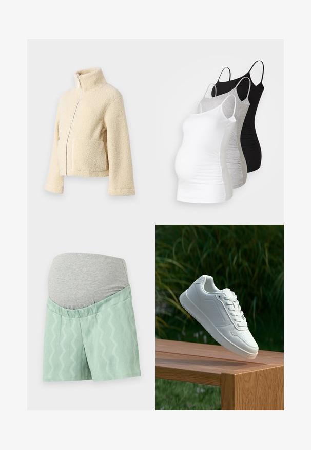 Krema flis jakna z visokim ovratnikom, sprednjim zadrgo in dvema večjima žepoma. Ima mehak, teksturiran površin in široke rokave.; Tri materinski topi brez rokavov v beli, sivi in črni barvi. Raztegljiv material z nastavljivimi naramnicami in nabranimi stranskimi šivi za udobje.; Mint zelene kratke hlače z teksturirano zigzag vzorcem, ki imajo sivo raztegljiv pas za udobje. Imajo sproščen kroj in gladko tkanino.; Bela teniska s gladkim sintetičnim zgornjim delom, perforiranim prednjim delom, ravnimi vezalkami in teksturiranim podplatom, prikazana na leseni površini.