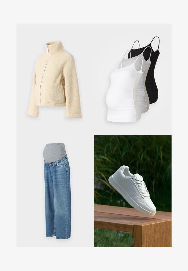 Kremo spalvos pūkinė striukė su aukštu apykakle, priekyje užtrauktuku ir dviem kišenėmis. Yra minkštas, tekstūruotas paviršius ir plačios rankovės.; Trys nėštumo marškiniai be rankovių – balti, pilki ir juodi. Tampri medžiaga su reguliuojamomis petnešėlėmis ir susiraukšlėjusiomis šoninėmis siūlėmis, užtikrinančiomis komfortą.; Nėštumo džinsai su elastinga pilkos spalvos juosmeniu ir mėlyno džinsinio audinio. Plati kojų forma, vidutinio aukščio, turi priekinės kišenes ir subtilų blukimą.; Balti sneakeriai su lygia sintetine viršutine dalimi, perforuota pirštų zona, plokščiomis raištelėmis ir tekstūruotu padu, padėti ant medinės paviršiaus.