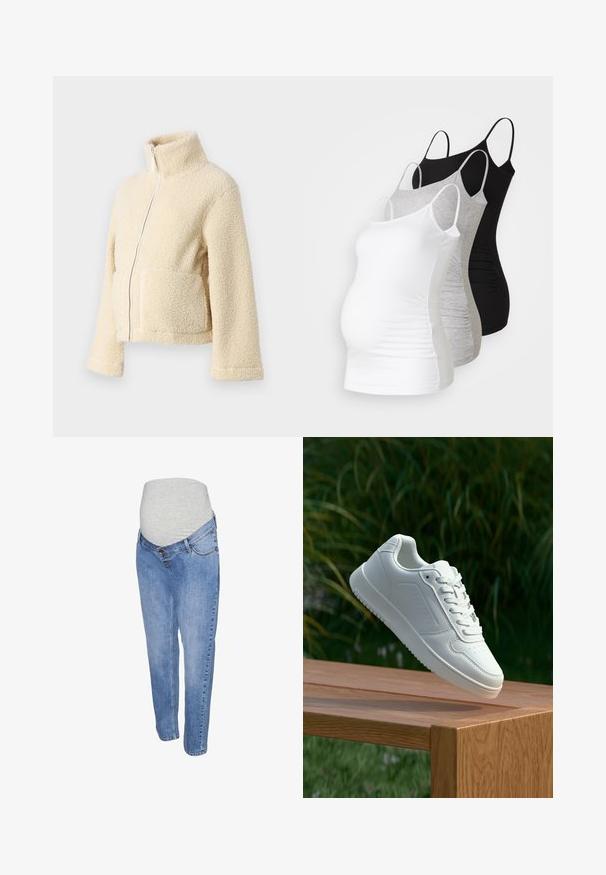 Krém színű plüss dzseki magas gallérral, elülső cipzárral és két folt zsebbel. Puha, textúrált felülettel és széles ujjakkal rendelkezik.; Három kismama tank top fehér, szürke és fekete színben. Rugalmas anyag, állítható pántokkal és beszegett oldals seams, hogy kényelmes viseletet biztosítson.; Kismama farmernadrág, világoskék denim anyagból, egyenes szárú fazonnal és szürke elastikus pocakpánttal a kényelem érdekében.; Fehér sportcipő sima szintetikus felsőrésszel, perforált lábujjrész, lapos fűzőkkel és texturált talppal, fából készült felületen kihelyezve.