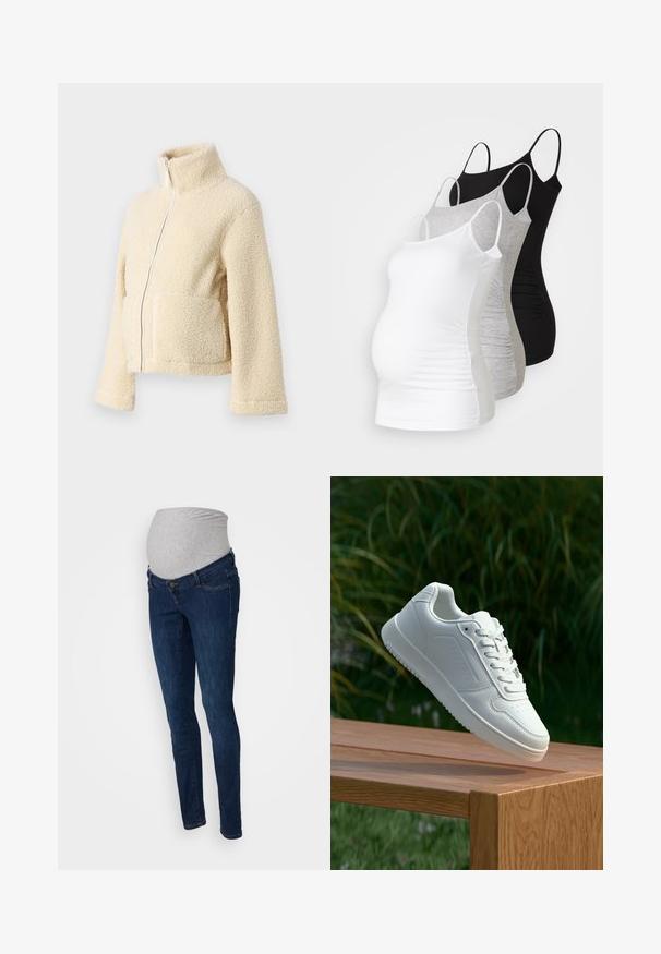 Krém színű plüss dzseki magas gallérral, elülső cipzárral és két folt zsebbel. Puha, textúrált felülettel és széles ujjakkal rendelkezik.; Három kismama tank top fehér, szürke és fekete színben. Rugalmas anyag, állítható pántokkal és beszegett oldals seams, hogy kényelmes viseletet biztosítson.; Sötétkék farmer anyasági nadrág szürke elasztikus derékkal. Karcsú fazon klasszikus öt zsebes stílusban, övhurkokkal.; Fehér sportcipő sima szintetikus felsőrésszel, perforált lábujjrész, lapos fűzőkkel és texturált talppal, fából készült felületen kihelyezve.